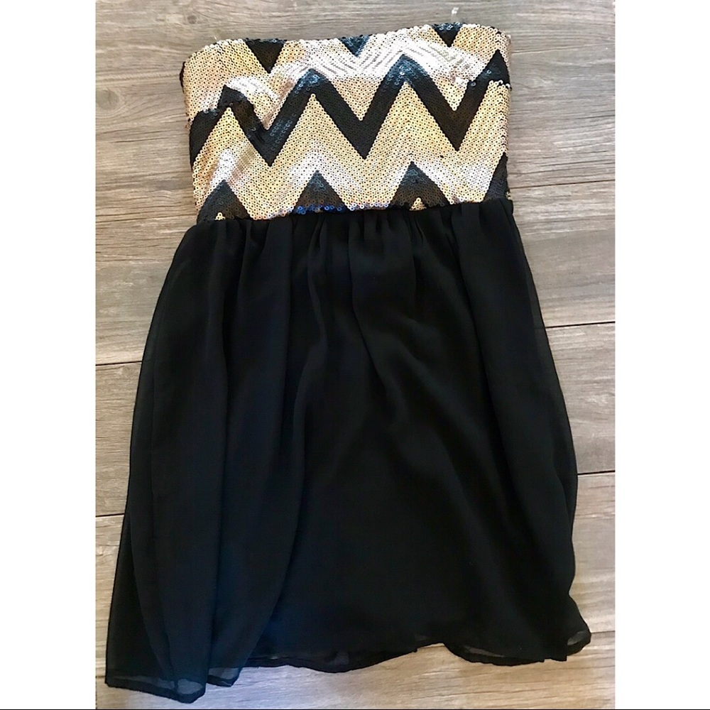 Strapless Black and Gold sequins Black Dress
